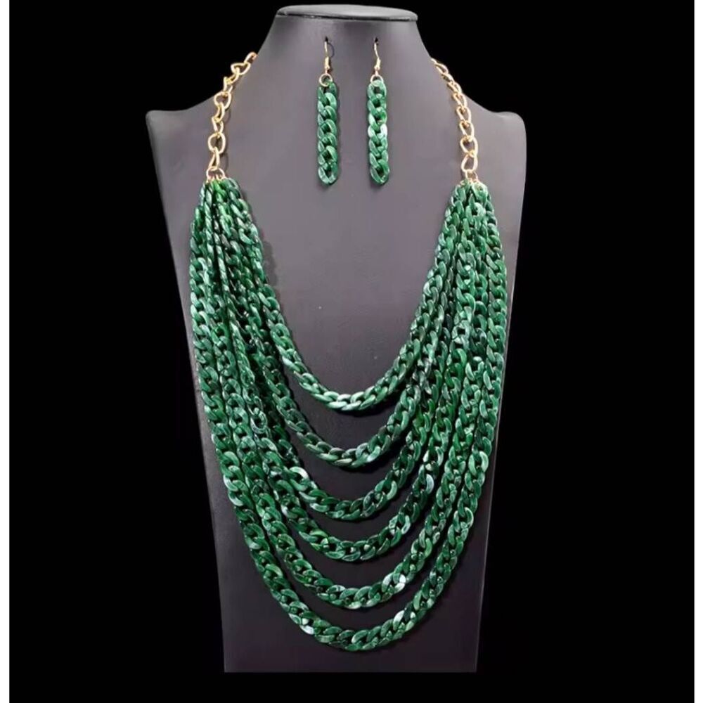 Vintage Multilayer Acrylic Demi-parure Necklace & Earring set Malachite